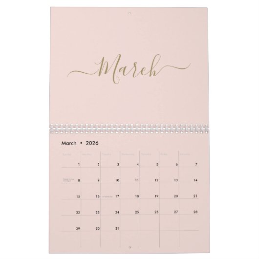 Eenvoudige moderne blush roze gouden script maand  kalender (Mar 2026)
