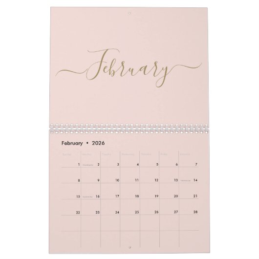 Eenvoudige moderne blush roze gouden script maand  kalender (Feb 2026)