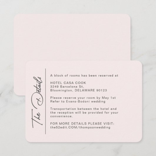 Eenvoudige moderne Blush Wedding Details Informatiekaartje (Voorkant / Achterkant)