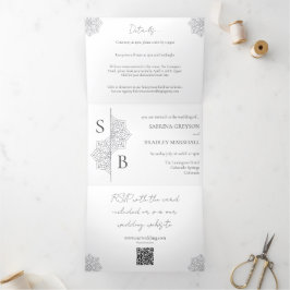 Eenvoudige moderne Boho Monogram Mandala bruiloft Drieluik Uitnodiging