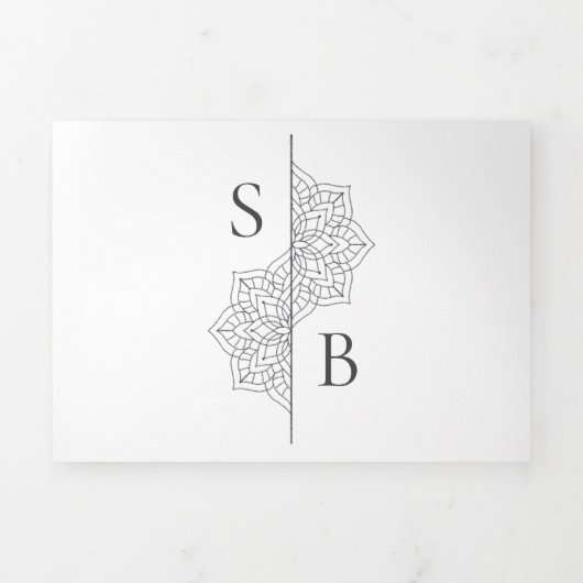 Eenvoudige moderne Boho Monogram Mandala bruiloft Drieluik Uitnodiging (Cover)