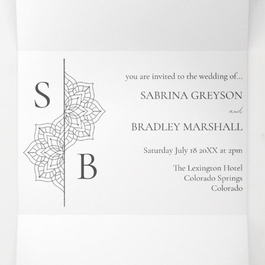 Eenvoudige moderne Boho Monogram Mandala bruiloft Drieluik Uitnodiging (Binnenkant midden)