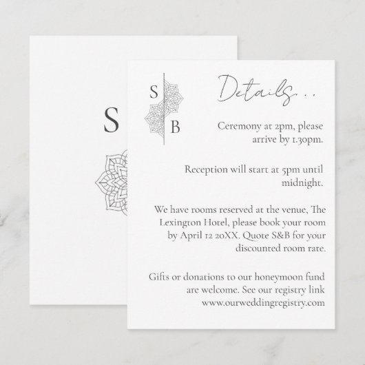 Eenvoudige moderne Boho Monogram Mandala bruiloft Informatiekaartje (Voorkant / Achterkant)