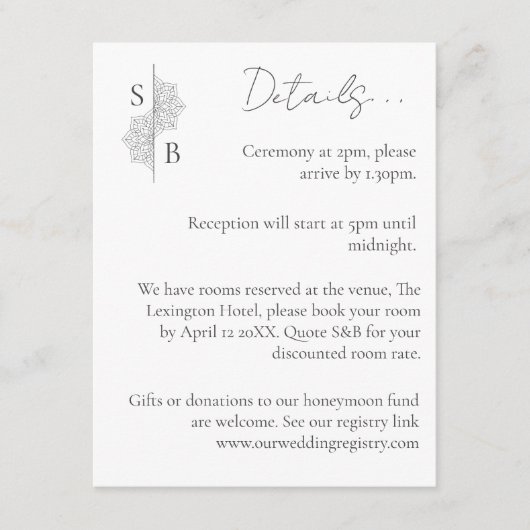 Eenvoudige moderne Boho Monogram Mandala bruiloft Informatiekaartje (Voorkant)