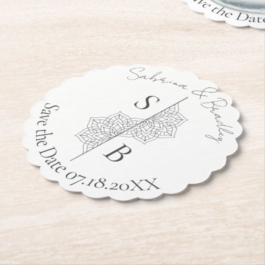 Eenvoudige moderne Boho Monogram Mandala bruiloft Kartonnen Onderzetters (Gekanteld)