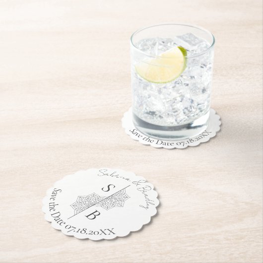 Eenvoudige moderne Boho Monogram Mandala bruiloft Kartonnen Onderzetters (Insitu)