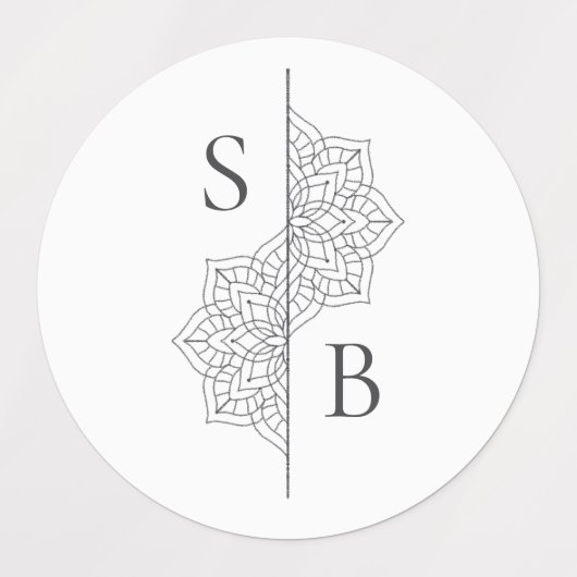 Eenvoudige moderne Boho Monogram Mandala bruiloft Labels (Design 1)