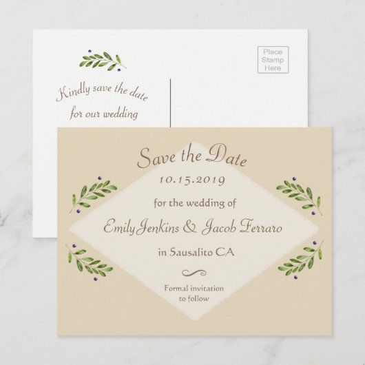 Eenvoudige moderne botanische bruiloft Save the Da Aankondigingskaart (Voorkant / Achterkant)