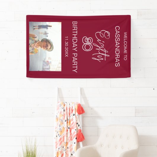 Eenvoudige moderne Bourgogne Foto 80e verjaardag W Spandoek (Insitu)