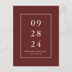 Eenvoudige moderne Bourgondische rode bruiloft Sav Briefkaart