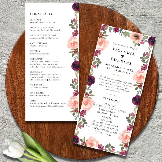 Eenvoudige moderne Bourgondische Waterverf Bloemen Programmakaart