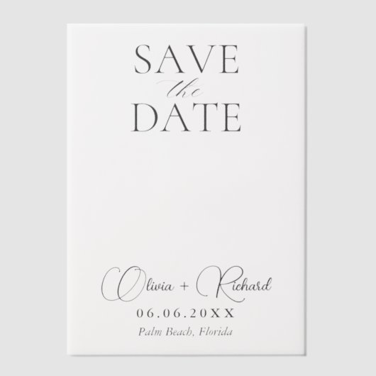 Eenvoudige moderne bruiloft Bewaar de datum Clear Vellum Uitnodigingen (Voorkant)