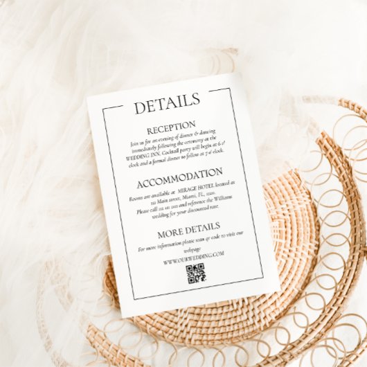 Eenvoudige moderne bruiloft details informatiekaartje