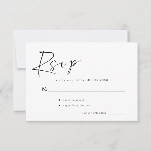 Eenvoudige moderne casual script bruiloft RSVP kaartje (Voorkant)