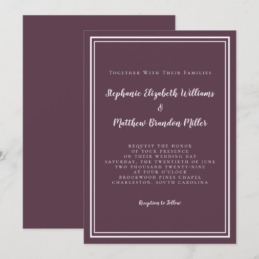 Eenvoudige Moderne Chic Paarse Pruim Bruiloft Mini Kaart (Voorkant / Achterkant)