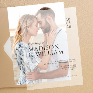 Eenvoudige moderne chique zwart-wit bruiloft vellum uitnodigingen