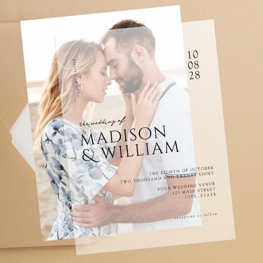 Eenvoudige moderne chique zwart-wit bruiloft vellum uitnodigingen