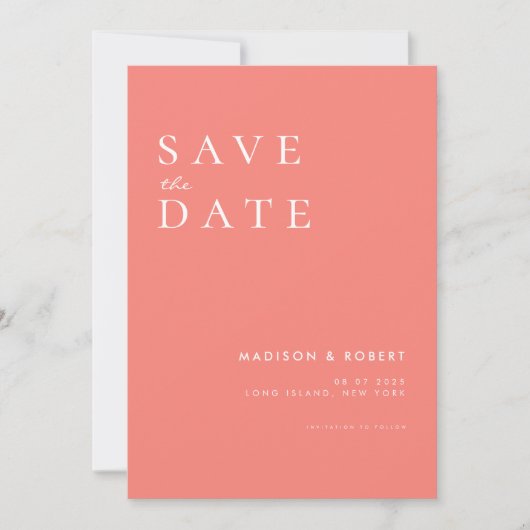 Eenvoudige moderne Coral Pink Wedding Save the Dat Save The Date (Voorkant)