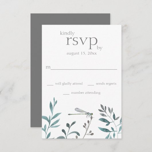 Eenvoudige moderne dragonfly Garden Greenery Weddi RSVP Kaartje (Voorkant / Achterkant)