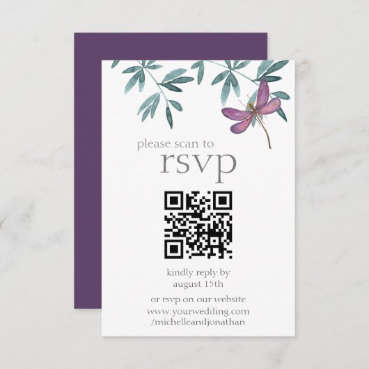 Eenvoudige, moderne Dragonfly Greenery Wedding QR RSVP Kaartje (Voorkant / Achterkant)