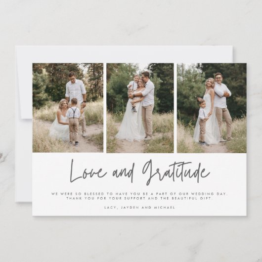 Eenvoudige moderne drie foto-bruiloft Bedankt (Voorkant)