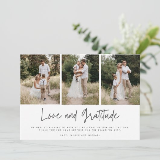 Eenvoudige moderne drie foto-bruiloft Bedankt (Staand voorkant)