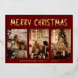 Eenvoudige, moderne, drie-foto-rode kerst folie feestdagenkaart<br><div class="desc">Eenvoudige moderne drie foto-Kaart met de Rode Kerst-Folie. (Foto bestemd voor Cottonbro op Pexels. Vervang het gewoon door je eigen.)</div>