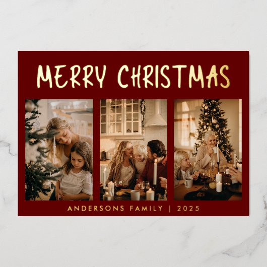 Eenvoudige, moderne, drie-foto-rode kerst folie feestdagenkaart (Voorkant)
