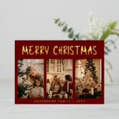 Eenvoudige, moderne, drie-foto-rode kerst folie feestdagenkaart (Staand Voorkant)