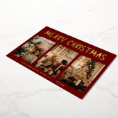 Eenvoudige, moderne, drie-foto-rode kerst folie feestdagenkaart (Gedraaid)