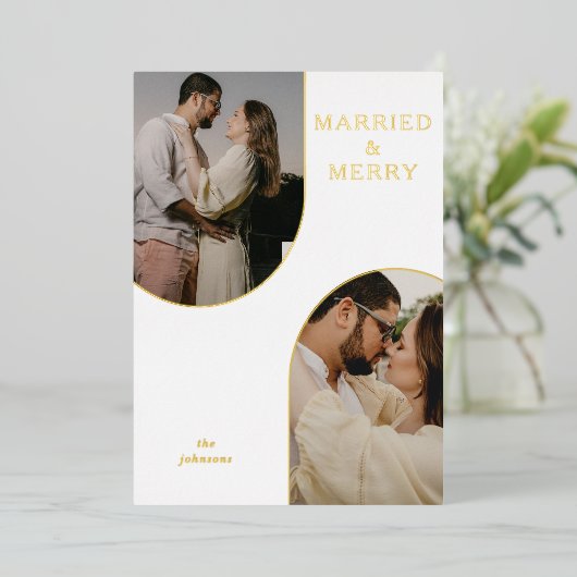 Eenvoudige Moderne Dubbele Boog Twee Foto's   Folie Feestdagenkaart (Staand Voorkant)