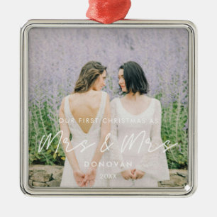 Eenvoudige moderne eerste kerst als mevrouw en mev metalen ornament