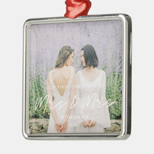 Eenvoudige moderne eerste kerst als mevrouw en mev metalen ornament (Links)