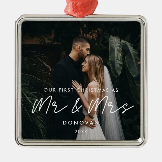 Eenvoudige moderne eerste kerst als Mr & Mrs Photo Metalen Ornament (Voorkant)