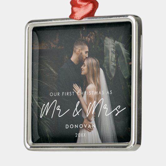 Eenvoudige moderne eerste kerst als Mr & Mrs Photo Metalen Ornament (Links)