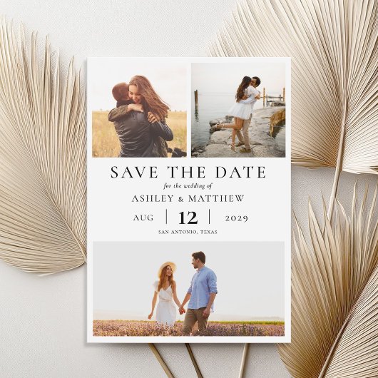 Eenvoudige moderne elegante 3 foto collage bruilof save the date