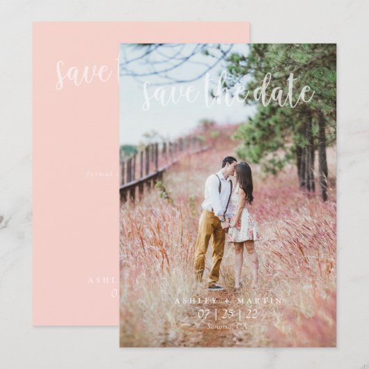 Eenvoudige moderne, elegante aangepaste, scriptfot save the date (Voorkant / Achterkant)