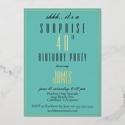 Eenvoudige moderne elegante Blauwgroen zwarte 40e  Folie Uitnodiging (Voorkant)