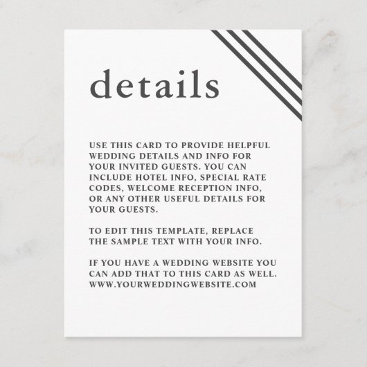 Eenvoudige moderne elegante witbruiloft - details informatiekaartje (Voorkant)