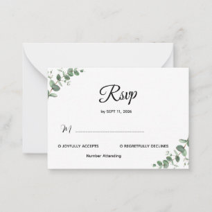 Eenvoudige moderne eucalyptus groen Huwelijks RSVP Notitiekaartje