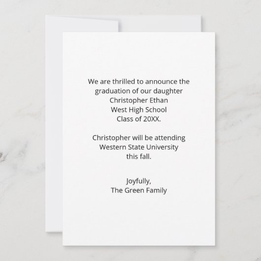 Eenvoudige moderne foto Afstuderen mannelijke aank Aankondiging (Achterkant)