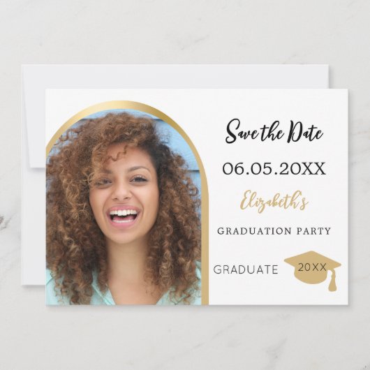 Eenvoudige moderne foto boog goud Graduation Party Save The Date (Voorkant)