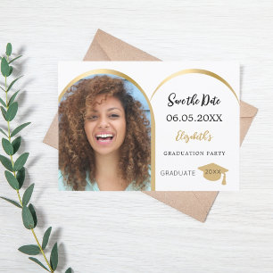 Eenvoudige moderne foto boog goud Graduation Party Save The Date