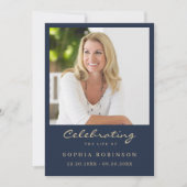 Eenvoudige moderne foto Gold Script Blue Memorial  Aankondiging (Voorkant)