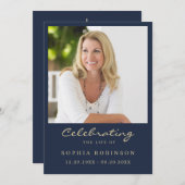 Eenvoudige moderne foto Gold Script Blue Memorial Aankondiging (Voorkant / Achterkant)