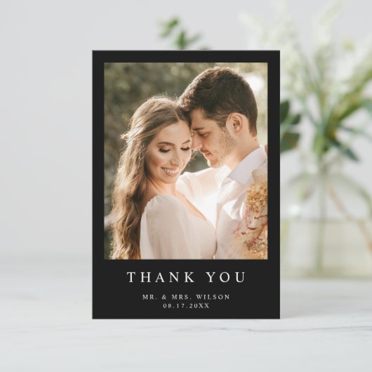 Eenvoudige moderne foto zwarte bruiloft bedankkaart (Staand voorkant)