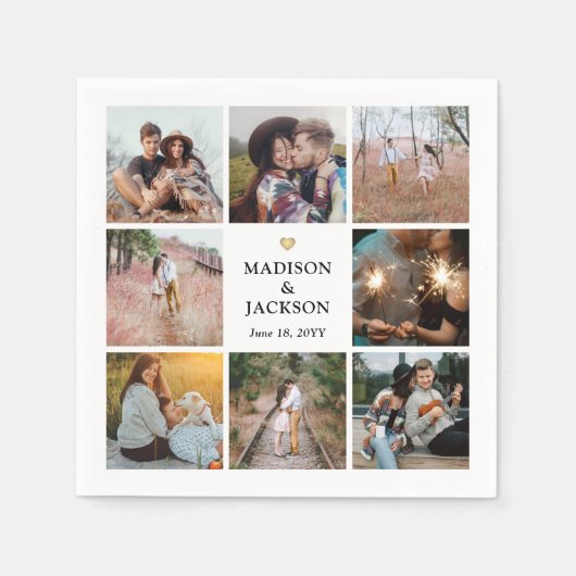 Eenvoudige Moderne Fotocollage en Gouden Hart Wedd Servet (Voorkant)