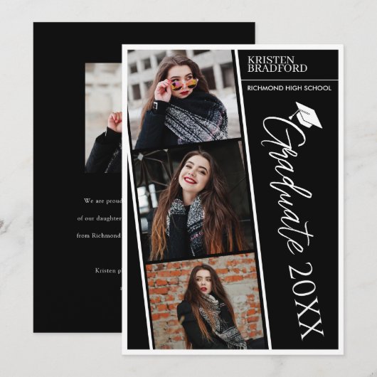 Eenvoudige moderne fotostrips zwart Afstuderen Aankondiging (Voorkant / Achterkant)