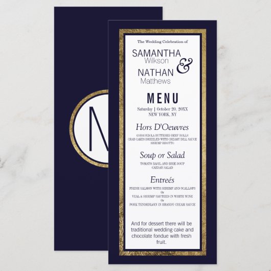 Eenvoudige moderne goud beklede marine blauwe brui menu (Voorkant / Achterkant)
