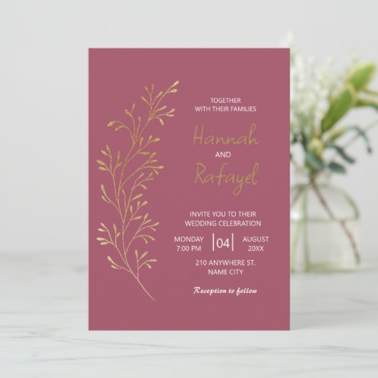Eenvoudige Moderne Gouden Blad Roos Bruiloft Kaart (Staand voorkant)